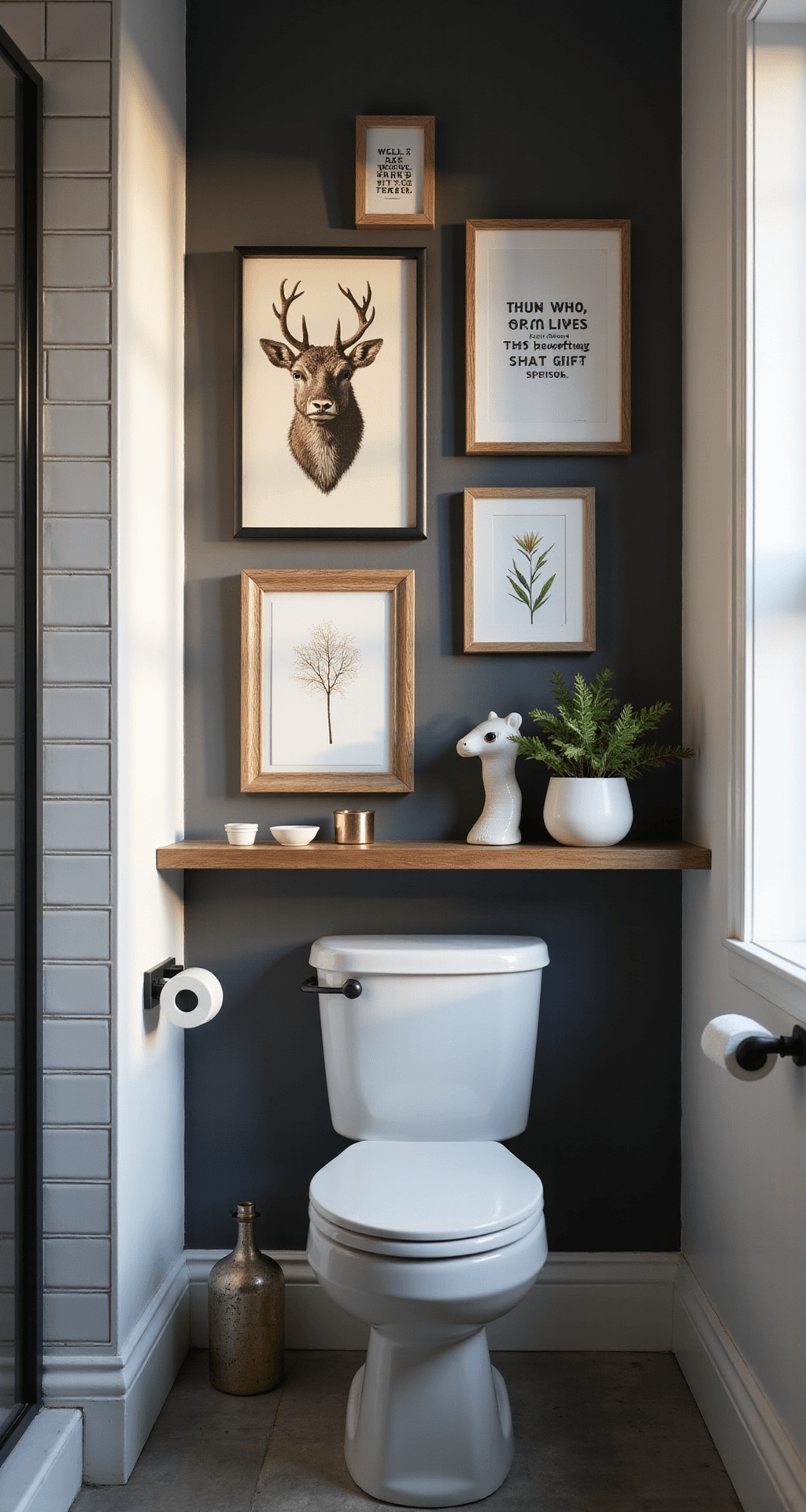 Fun Bathroom Decor That'll Make Your Guests Do a Double-Take Photorealistic image of a modern bathroom gallery wall featuring vintage animal prints, humorous typography, and botanical illustrations in various frames, positioned above a white ceramic toilet against a charcoal gray wall, with a floating shelf below displaying white vessels, a snake plant, and a brass candle, all captured in dramatic side-lighting.