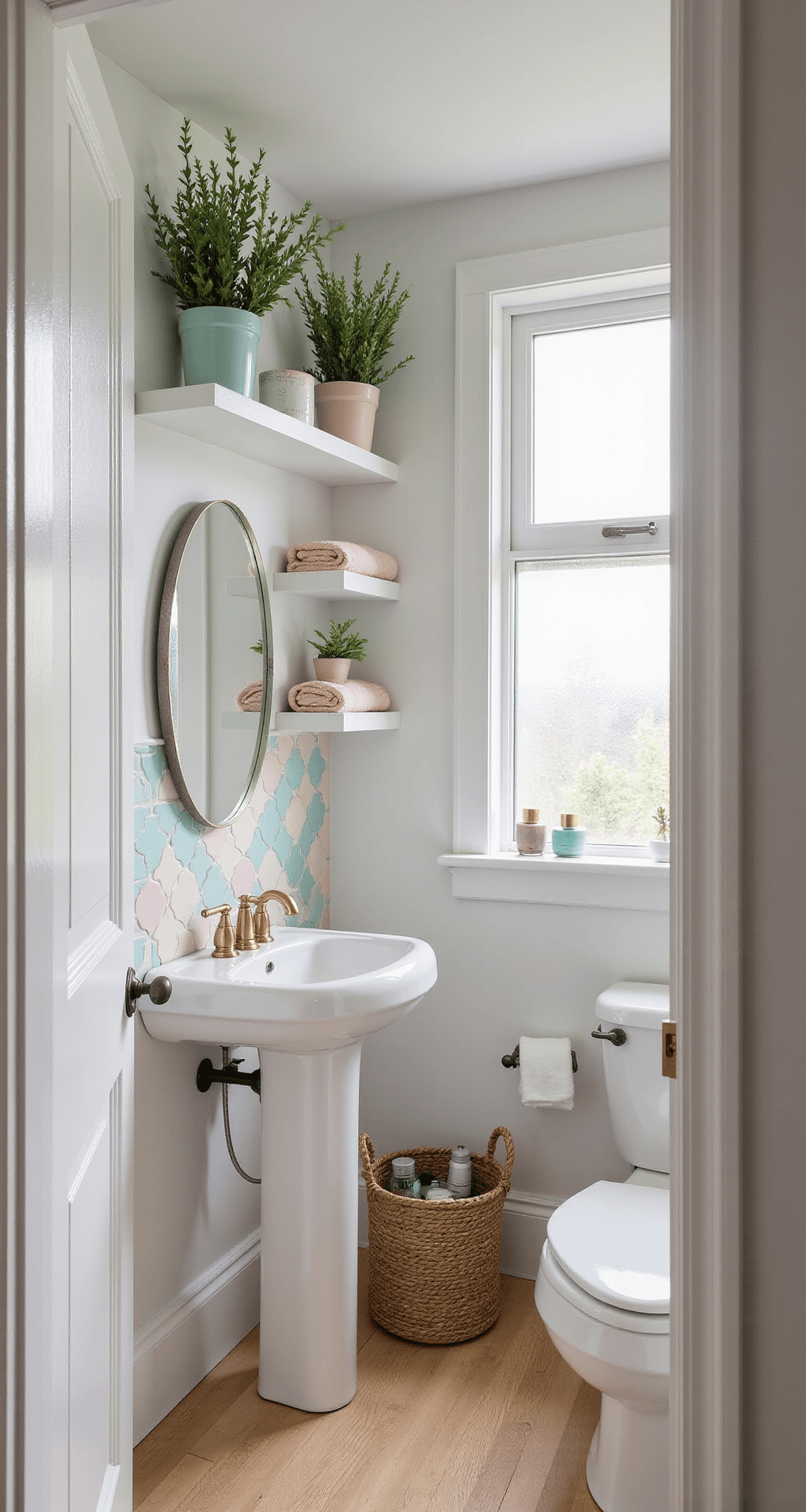 Fun Bathroom Decor That'll Make Your Guests Do a Double-Take Photorealistic transformation of a tiny bathroom captured from the doorway, featuring floating shelves with faux greenery, a large circular mirror, a white pedestal sink with brass fixtures, and soft pastel geometric tile backsplash, all illuminated by natural light to enhance the airy and spacious feel.