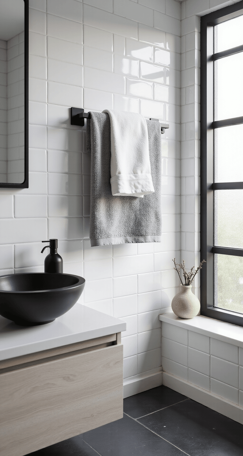 How to Turn Bathroom Towels Into Stunning Decor That's Actually Pinterest-Worthy Photorealistic modern minimalist powder room featuring a matte black towel bar with layered white Turkish cotton bath towel and light gray waffle-weave hand towel, against white subway tile backdrop, floating white oak vanity with vessel sink, matte black soap dispenser, and soft morning light filtering through a frosted glass window.