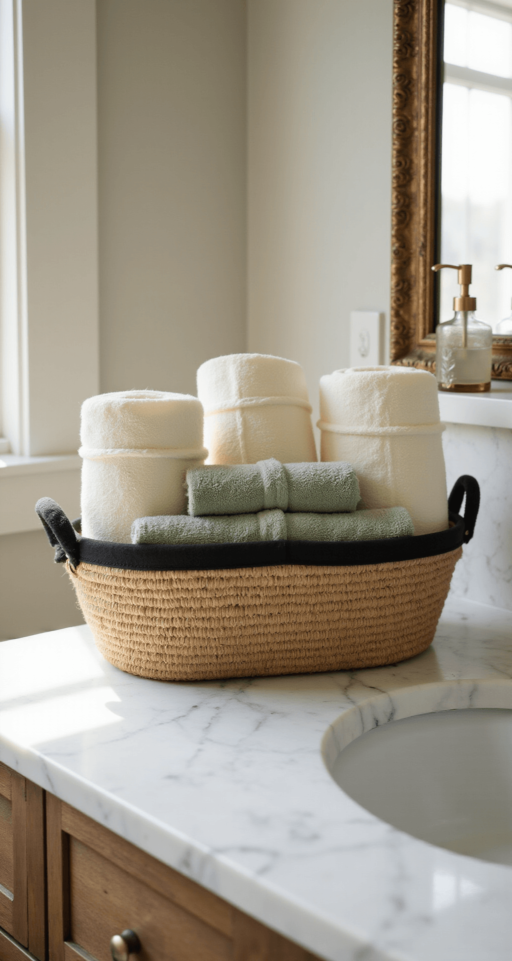 How to Turn Bathroom Towels Into Stunning Decor That's Actually Pinterest-Worthy Photorealistic close-up of rolled cream-colored organic cotton towels in a natural jute basket on a white marble bathroom countertop, with sage green hand towels in front, warm afternoon light casting gentle shadows, evoking a luxury spa atmosphere.