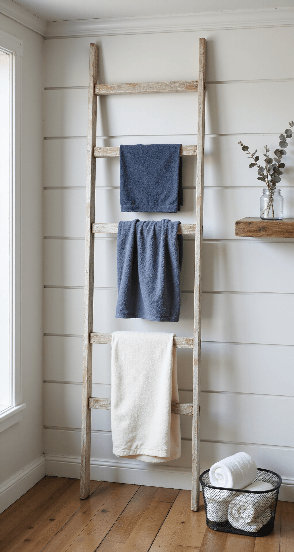 How to Turn Bathroom Towels Into Stunning Decor That's Actually Pinterest-Worthy Photorealistic image of a cozy farmhouse bathroom interior featuring a weathered white wooden ladder against a shiplap wall, with cream linen towels draped over the rungs and a navy blue Turkish towel folded in the middle. The distressed honey oak wood floors complement the scene, which includes a wire storage basket with rolled white towels at the ladder base and a mason jar with eucalyptus on a floating shelf. Soft north-facing light creates a warm atmosphere, while a slightly low camera angle showcases the ladder's height and the room's context. The overall setting conveys an authentic, lived-in farmhouse style.
