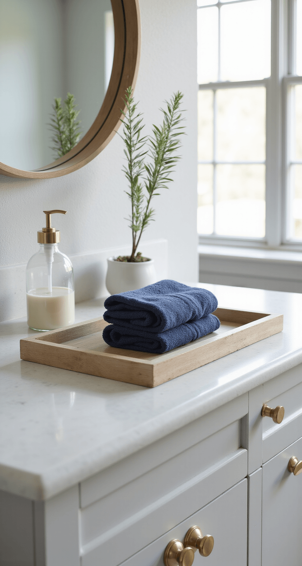 How to Turn Bathroom Towels Into Stunning Decor That's Actually Pinterest-Worthy Photorealistic detail shot of a coastal-themed vanity vignette featuring a navy blue linen towel on a light wood tray, a clear glass pump dispenser, and a white ceramic vessel with an air plant, all illuminated by bright indirect light.