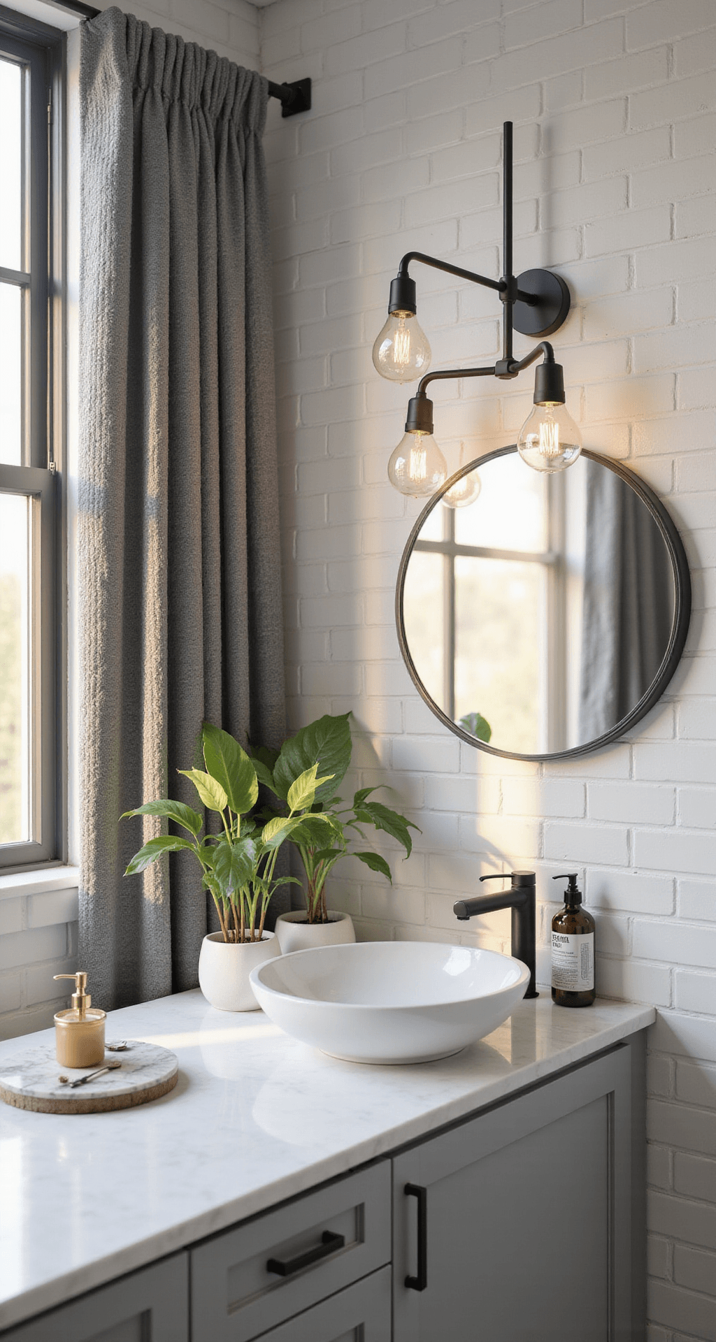 Cool Bathroom Decor: How I Transformed My Tiny Space Into a Pinterest-Perfect Spa Oasis Photorealistic interior of a modern spa-inspired bathroom featuring white subway tile walls, pale gray grout, and a white quartz countertop illuminated by soft morning light, with a matte black vanity light, a round black-framed mirror, a charcoal gray shower curtain, and green pothos plants, creating a serene atmosphere.