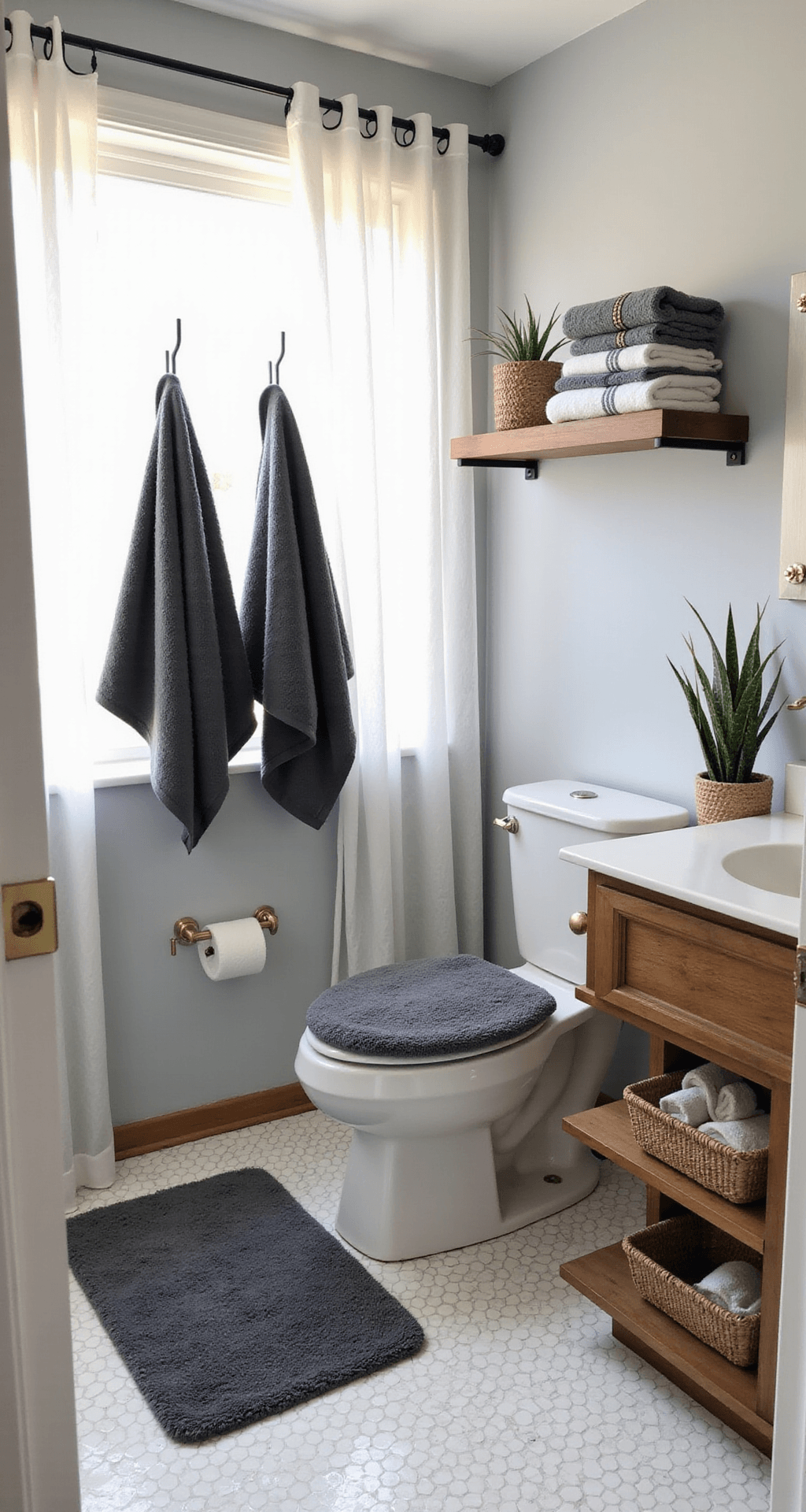 Cool Bathroom Decor: How I Transformed My Tiny Space Into a Pinterest-Perfect Spa Oasis Wide-angle view of a compact bathroom featuring coordinated textiles, with charcoal towels on matte black hooks, gray-striped hand towels on a floating shelf, and a memory foam bath mat on white hexagon tiles. Woven baskets hold rolled towels, and plants add organic texture. Warm brass accents on the faucet enhance the serene spa atmosphere.