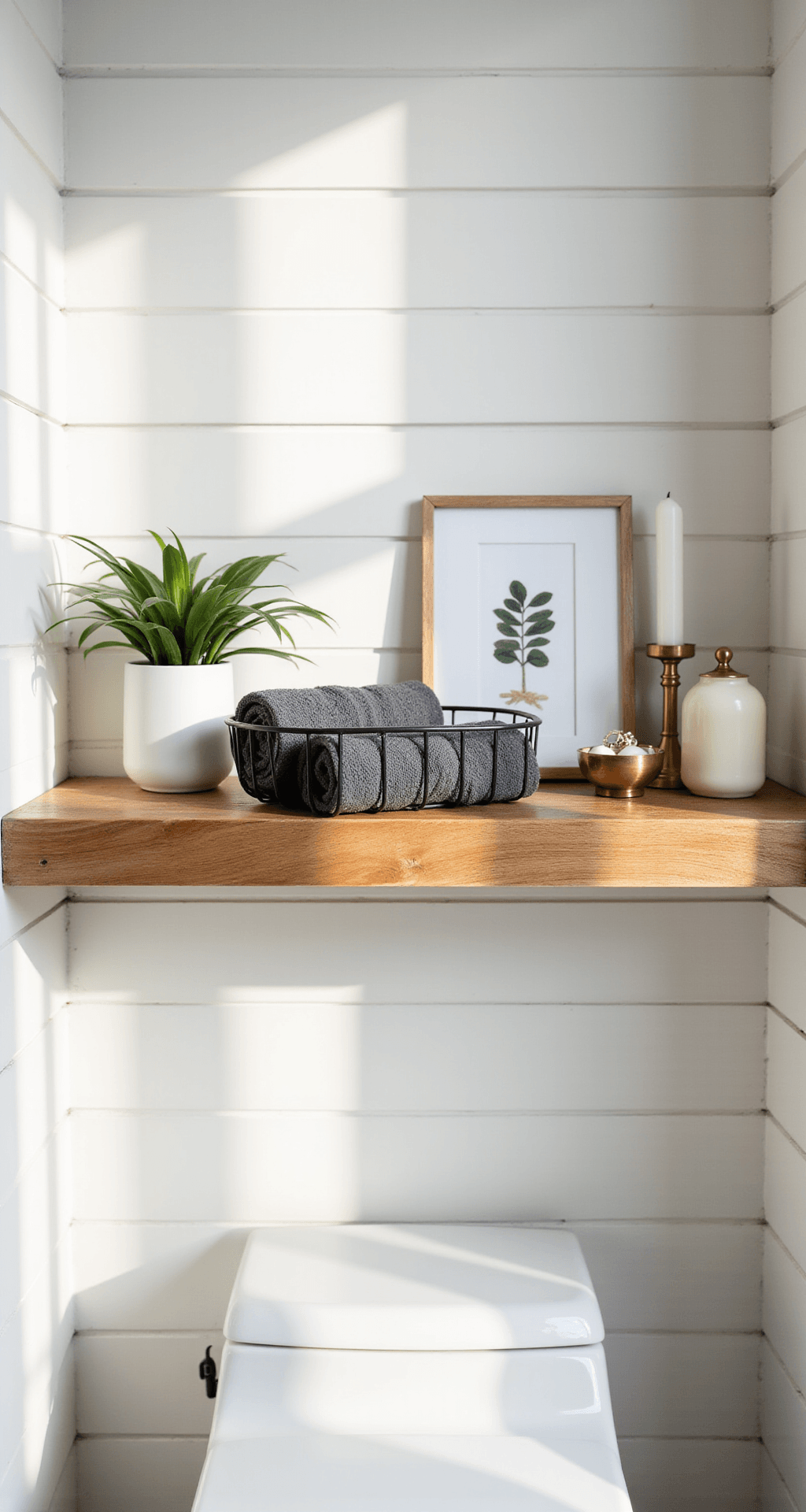 Cool Bathroom Decor: How I Transformed My Tiny Space Into a Pinterest-Perfect Spa Oasis Close-up of a styled floating shelf above a modern toilet featuring a small pothos plant in a matte white pot, rolled charcoal hand towels in a black wire basket, a brass dish with rings, a tall white pillar candle in a glass holder, a framed botanical print, and a cream ceramic jar, all set against a white shiplap wall with soft directional lighting.