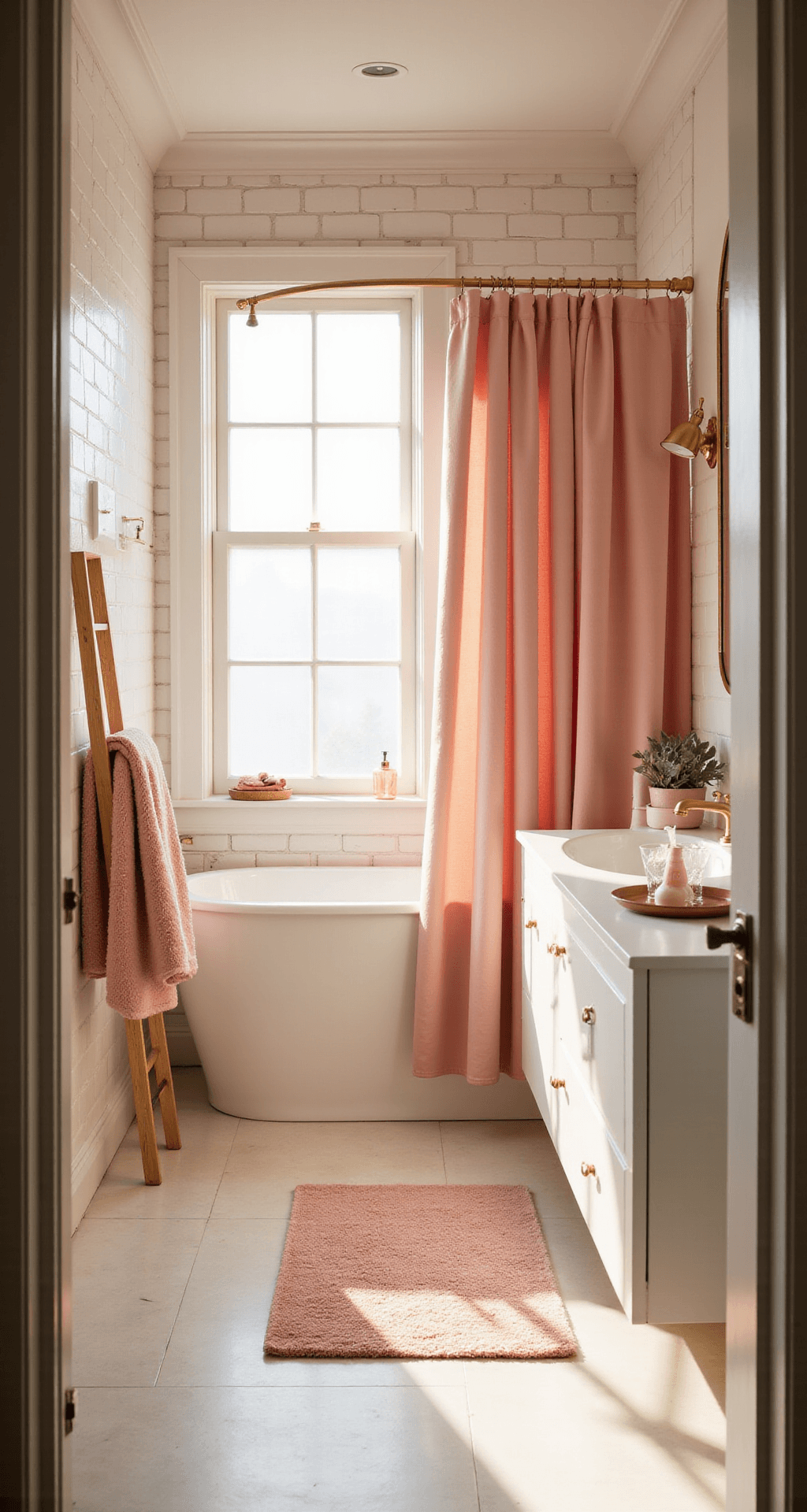 Pink Bathroom Decor: Transform Your Space in an Afternoon (Even If You're Renting) A modern bathroom bathed in warm natural light at golden hour, featuring a blush pink shower curtain, white subway tiles, plush coral-pink towels on a wood ladder, and a stylish white floating vanity with a gold-framed mirror, all accented by brass fixtures and a cozy luxury hotel ambiance.