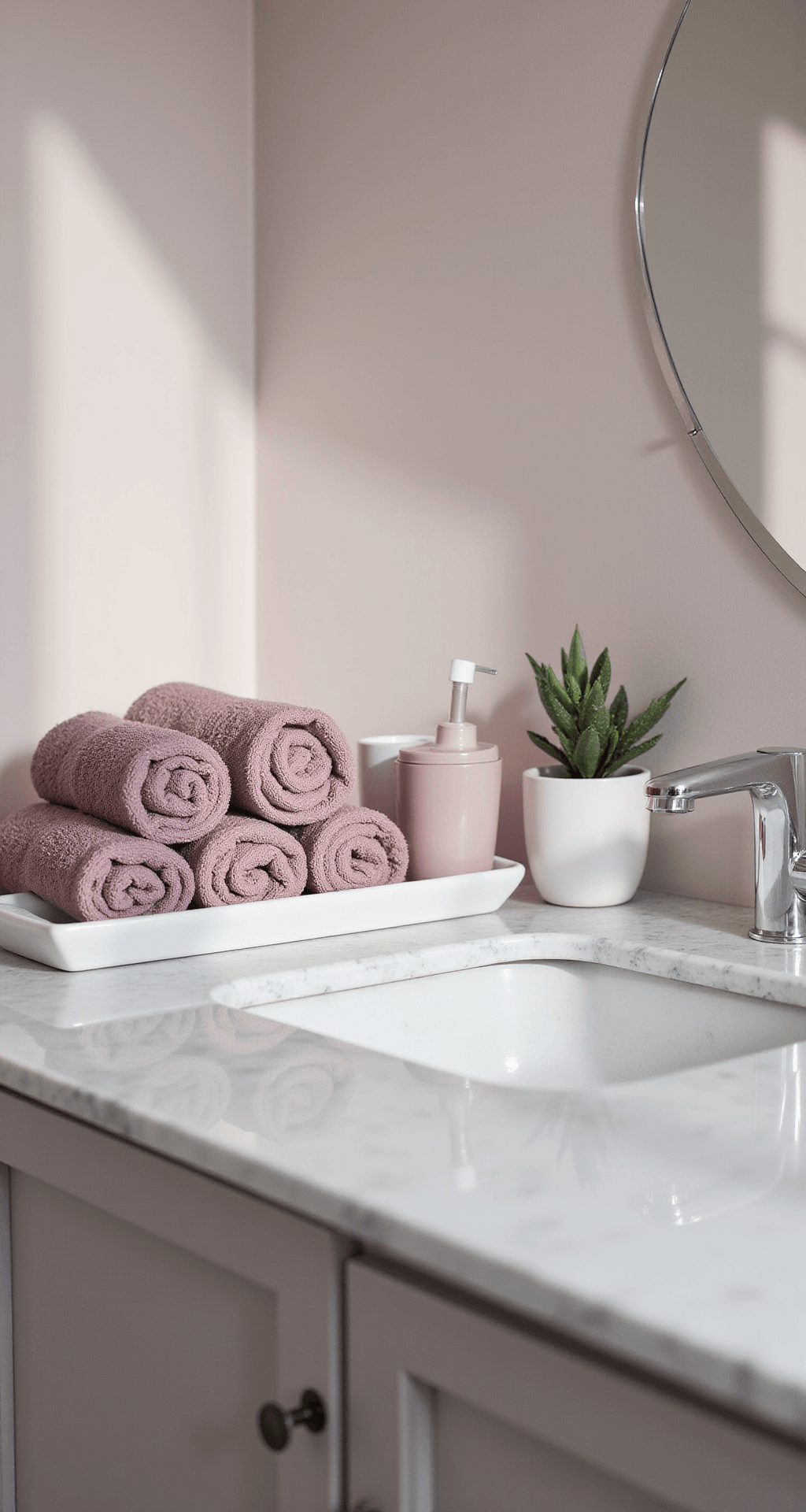 Pink Bathroom Decor: Transform Your Space in an Afternoon (Even If You're Renting) Intimate powder room featuring a marble-effect vanity with silver chrome fixtures, mauve hand towels in a white ceramic vessel, and a dusty pink soap dispenser on a rectangular white tray, illuminated by bright morning light.