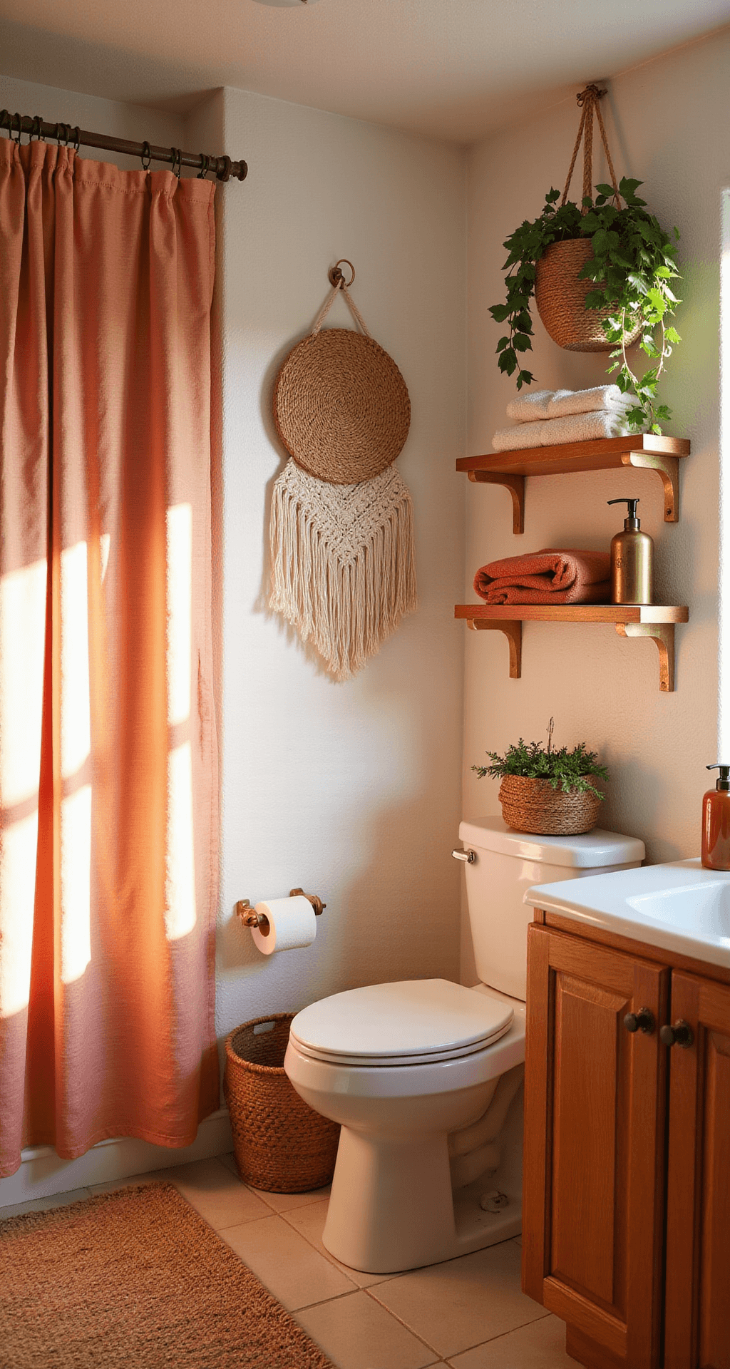 Pink Bathroom Decor: Transform Your Space in an Afternoon (Even If You're Renting) Bohemian-inspired bathroom corner featuring woven rattan baskets, macrame wall hanging, peachy-pink shower curtain, and jute bath mat, all illuminated by warm afternoon light with a cozy, lived-in atmosphere.