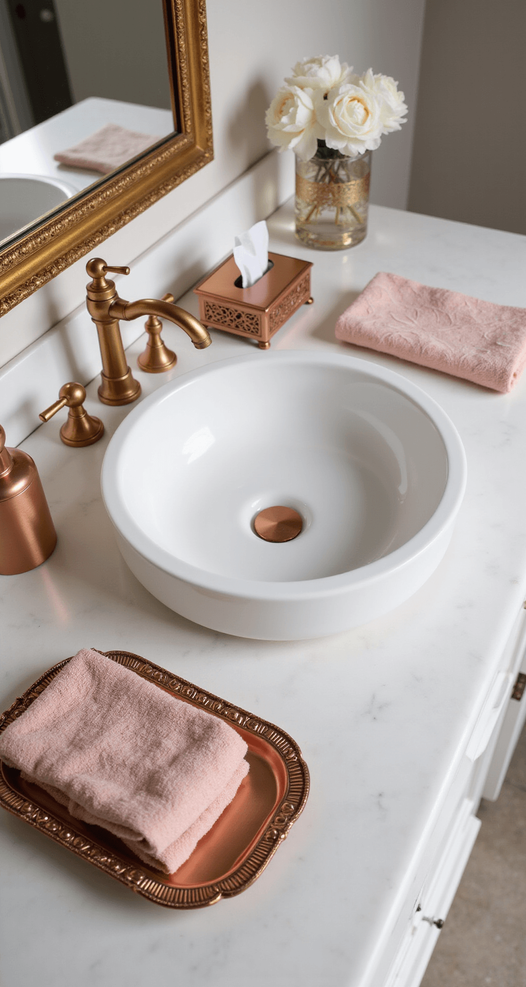 Pink Bathroom Decor: Transform Your Space in an Afternoon (Even If You're Renting) Luxurious bathroom vanity area featuring white Carrara marble countertops, rose-gold accessories, and blush pink hand towels, all bathed in soft morning light for an elegant atmosphere.
