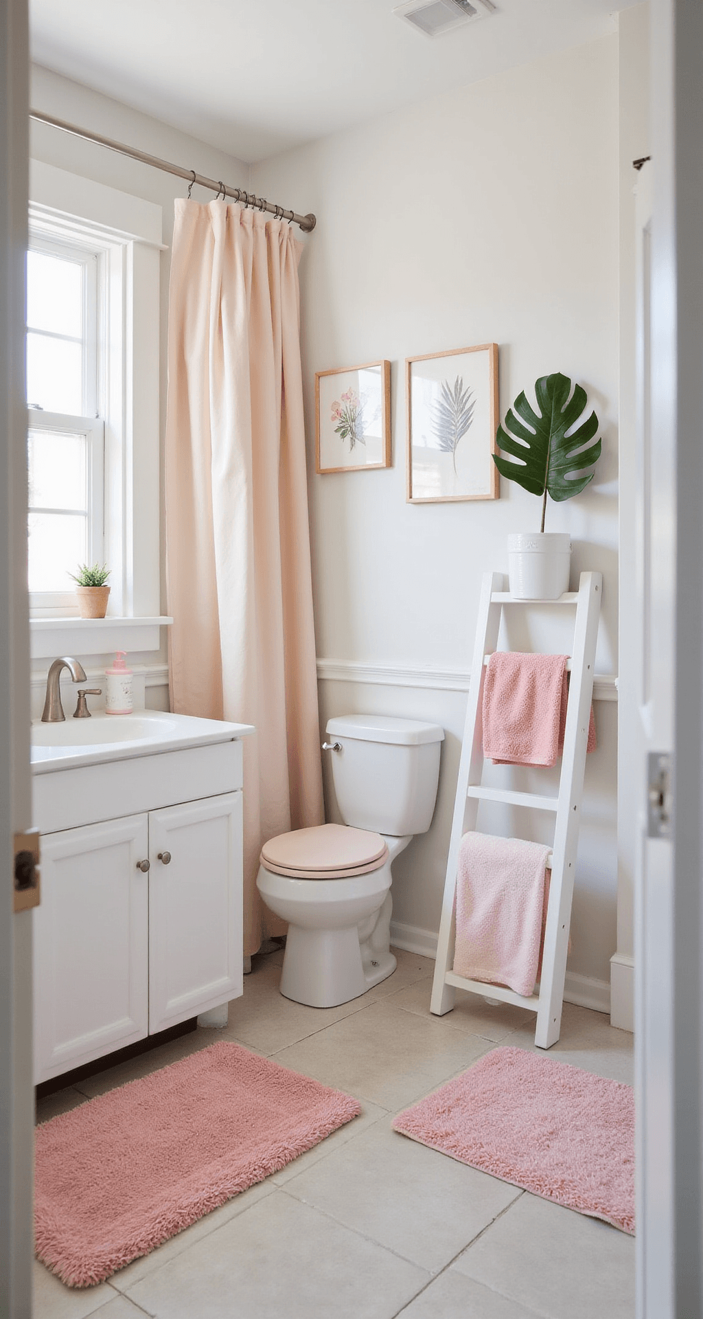 Pink Bathroom Decor: Transform Your Space in an Afternoon (Even If You're Renting) A bright, natural-light bathroom transformation showcasing a budget-friendly pink refresh, with a full room view from the hallway. The image highlights a soft blush shower curtain, a coordinating pink bath mat, and a refreshed white builder vanity adorned with new pink accessories. A small faux fiddle leaf plant in a white planter and framed botanical prints lean against the mirror, all set against a backdrop of clean whites and soft pinks, emphasizing a minimal investment for maximum impact in a rental space.