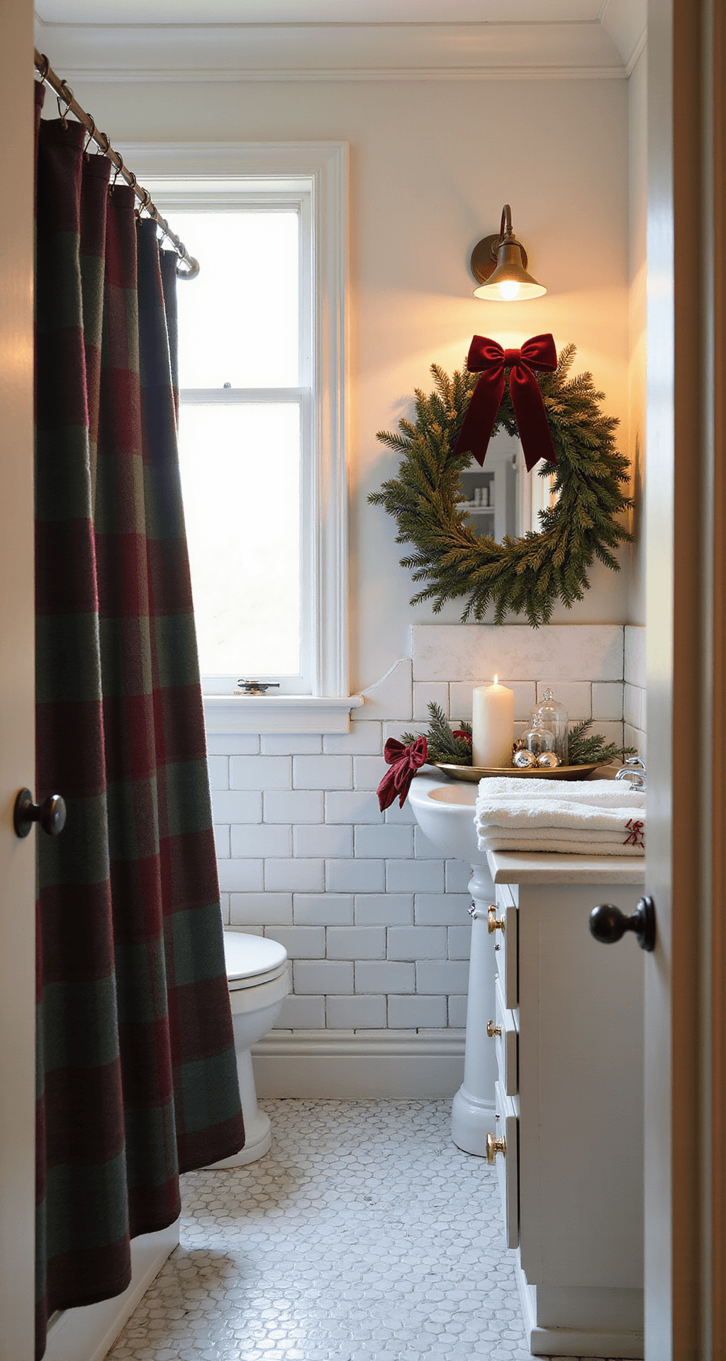 Transform Your Bathroom Into a Christmas Wonderland (Without Breaking the Bank) A guest bathroom captured at golden hour, showcasing a festive plaid shower curtain in deep forest green and burgundy, white subway tile walls, and a white marble hexagon floor. Natural light filters through a frosted window, illuminating a large circular mirror adorned with pine garland and a burgundy velvet ribbon bow. A white vanity displays a brass tray with a flickering candle, vintage ornaments, and evergreen sprigs, while neatly folded white hand towels with red plaid ribbon ties complement chrome fixtures in a warm, inviting atmosphere.