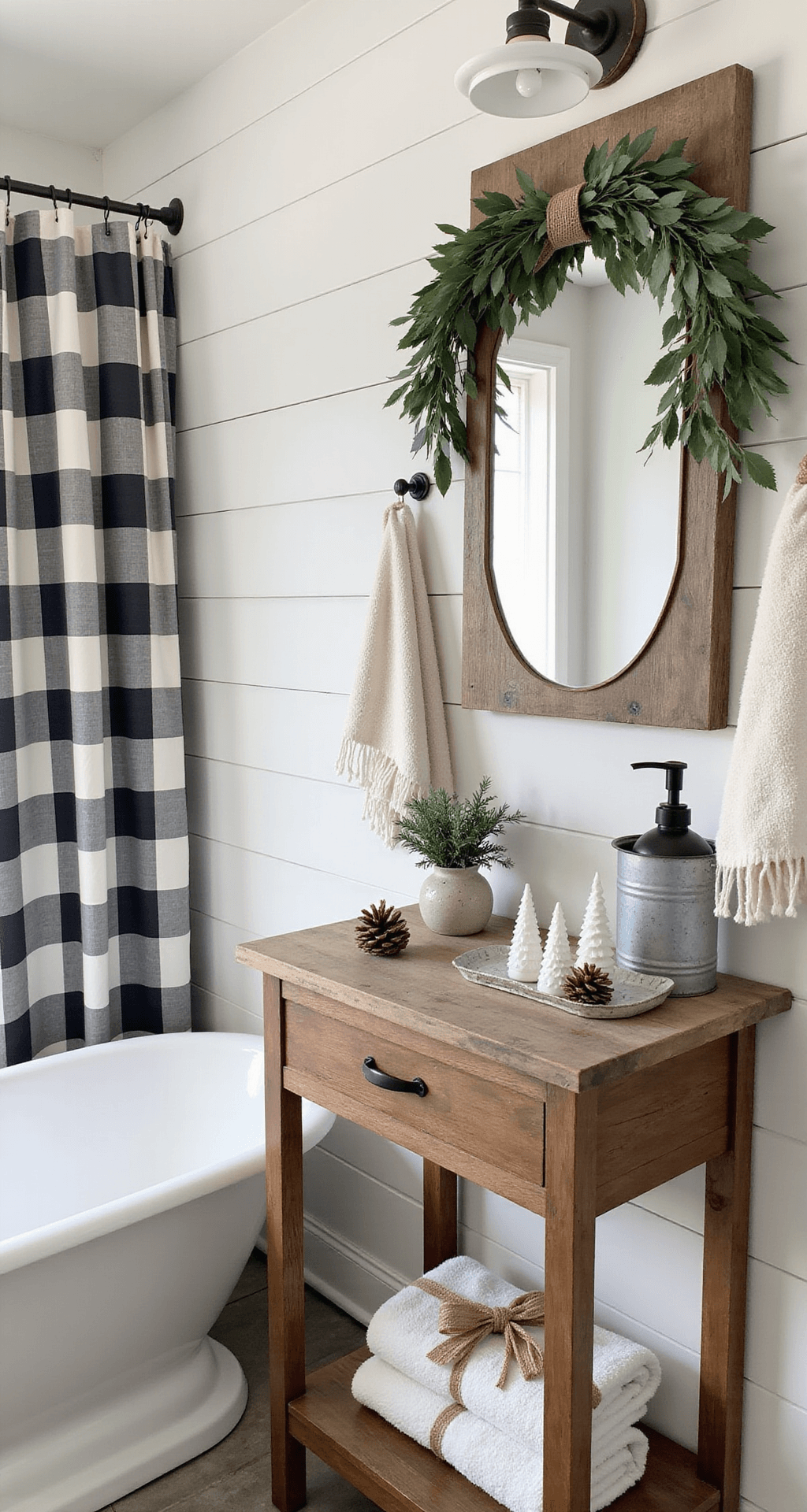 Transform Your Bathroom Into a Christmas Wonderland (Without Breaking the Bank) A bright modern farmhouse powder room featuring a clawfoot tub, buffalo check shower curtain, white shiplap walls, and a vintage mirror adorned with eucalyptus garland, complemented by a weathered oak floating vanity with galvanized metal accessories and festive decor.