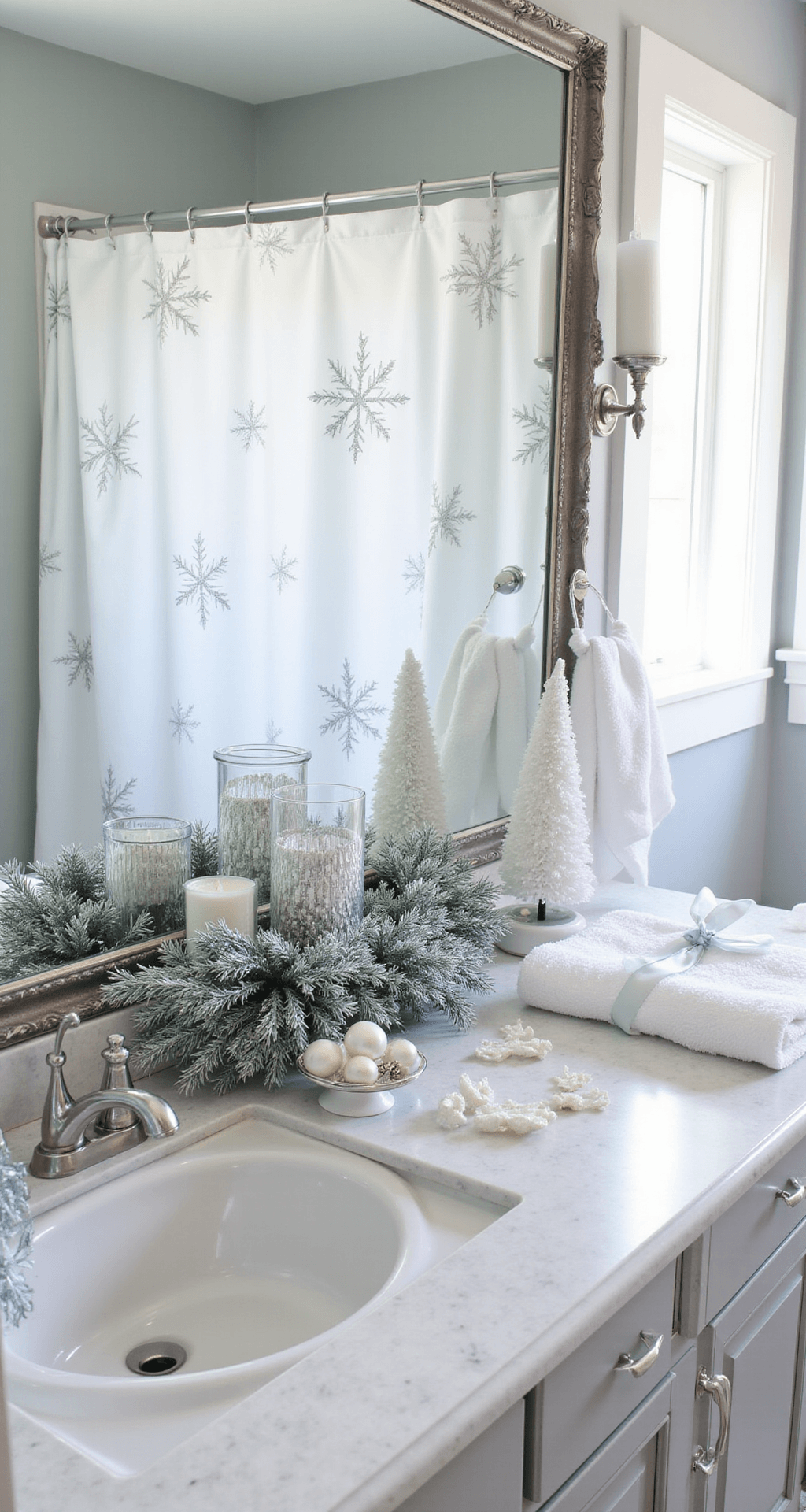 Transform Your Bathroom Into a Christmas Wonderland (Without Breaking the Bank) Elegant coastal-themed bathroom with sophisticated silver snowflake shower curtain, polished chrome fixtures, white marble countertops, pale gray walls, and a large mirror showcasing frosted blue pine garland. Decor includes silver mercury glass votives, miniature white bottle brush trees, and pearl ornaments, complemented by plush white towels with pale blue velvet ribbons, all under bright natural light for a cool-toned holiday elegance.