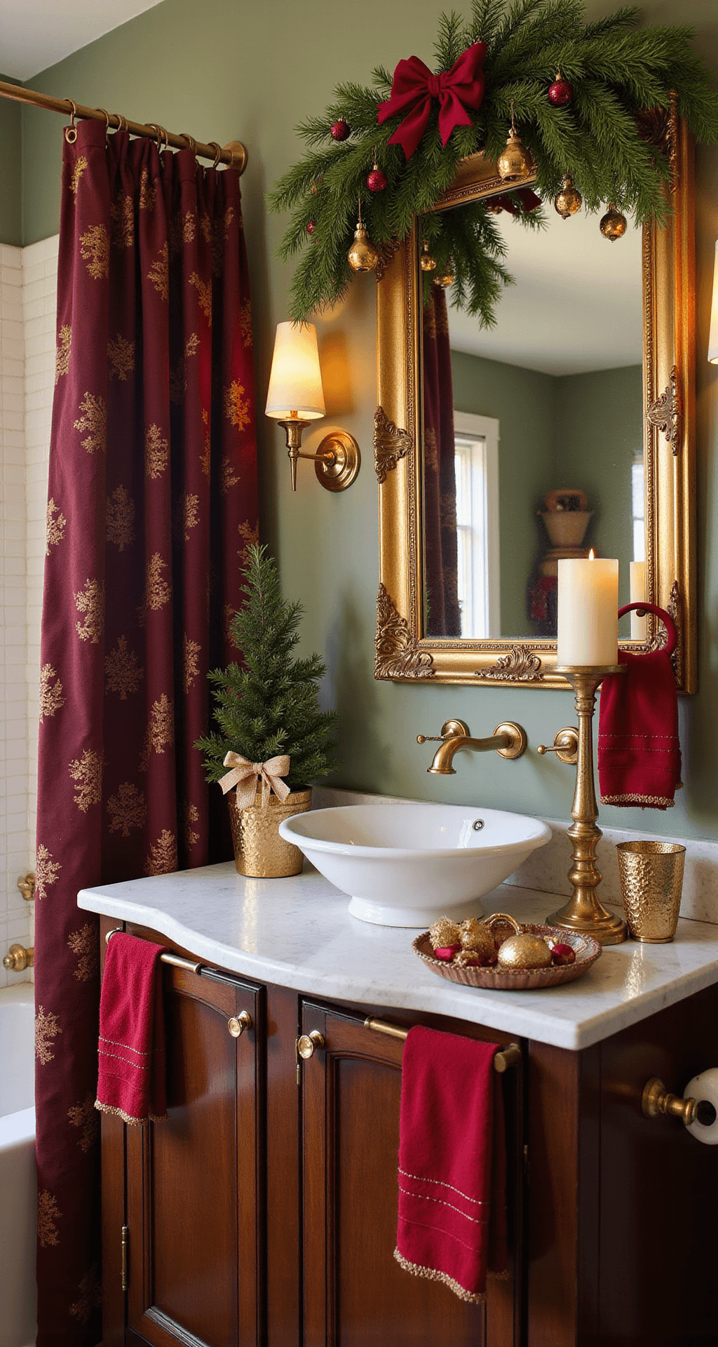Transform Your Bathroom Into a Christmas Wonderland (Without Breaking the Bank) Cozy traditional bathroom with burgundy shower curtain, dark wood vanity, and white vessel sink, adorned with holiday decor; large ornate mirror with pine garland, red ribbon, and jingle bells; vintage brass candlesticks and antique ornaments on counter; deep red towels against sage green walls; warm afternoon light creates a classic Christmas ambiance.