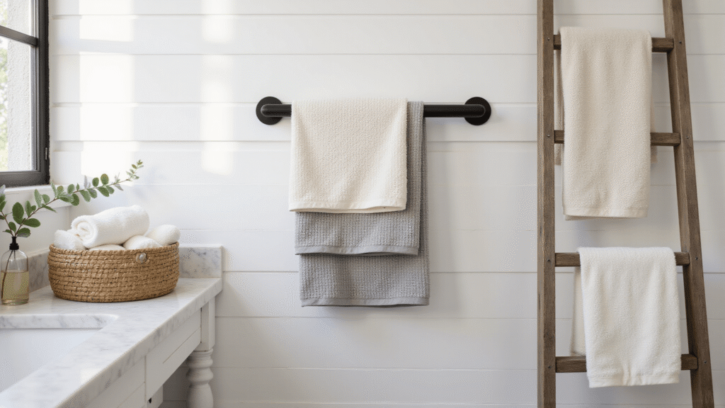 How to Turn Bathroom Towels Into Stunning Decor That's Actually Pinterest-Worthy Photorealistic modern bathroom scene featuring layered cream Turkish cotton and gray waffle-weave towels on a matte black towel bar, with rolled white towels in a woven basket on a white marble countertop, a weathered wooden ladder with draped linen towels against a shiplap wall, and soft morning light creating shadows, complemented by a glass soap dispenser and eucalyptus sprig, all emphasizing texture contrast in a cozy, spa-like atmosphere.