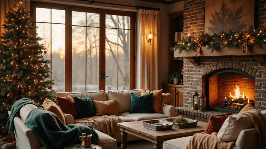 Home Christmas Decor That'll Make Your Neighbors Jealous (Without Breaking the Bank) Luxurious Christmas living room with a Fraser fir tree adorned in emerald green, burgundy, and gold ornaments, warm sunlight illuminating the space, and a cozy bricked fireplace.