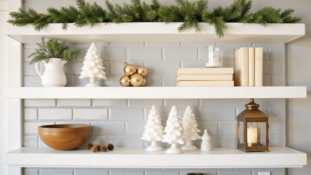 Christmas Shelf Decor That'll Make Your Guests Ask "Wait, Did Pinterest Explode in Here?" Photorealistic image of decorated white floating kitchen shelves for Christmas, featuring mini flocked trees, a ceramic pitcher with pine branches, stacked cream books, a brass lantern with a candle, vintage ornaments in a wooden bowl, scattered pinecones, and soft evergreen garland, all under warm golden hour lighting and against a gray subway tile backsplash.
