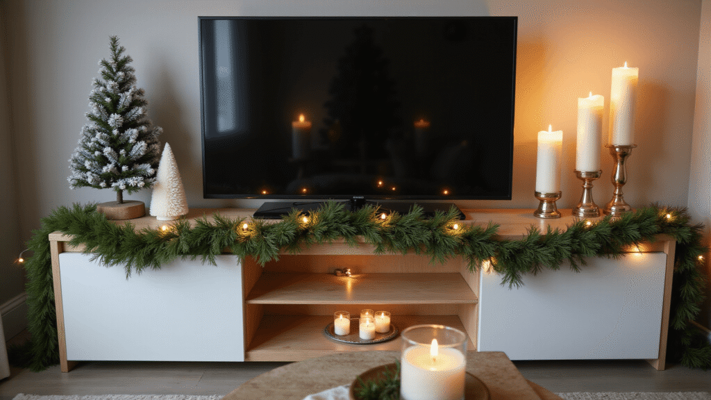 How I Transformed My TV Stand Into a Cozy Christmas Centerpiece (And You Can Too) Cinematic wide-angle shot of a modern living room at golden hour, featuring a sleek black TV above a white oak console adorned with lush pine garland and warm fairy lights, complemented by a mini flocked Christmas tree and white ceramic bottle brush trees, with cream pillar candles in mercury glass holders casting an intimate glow amidst a palette of deep forest greens, warm golds, and creamy whites.