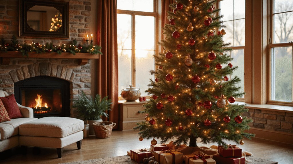 Traditional Christmas Tree Decor: Your Complete Guide to Creating a Timeless Holiday Centerpiece Cinematic wide-angle shot of a beautifully decorated Fraser fir Christmas tree with red and gold ornaments in a cozy living room, featuring a cream sectional sofa and a stone fireplace, warm white LED lights, and wrapped gifts beneath the tree, all illuminated by natural window light during golden hour.