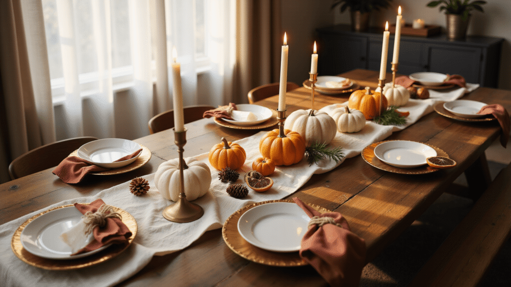 Fall Dining Room Table Decor: Transform Your Space in Under 2 Hours A beautifully styled rustic-modern dining table for fall, featuring a cream linen runner, mixed pumpkins, brass candle holders, and warm autumnal colors in soft golden hour light.