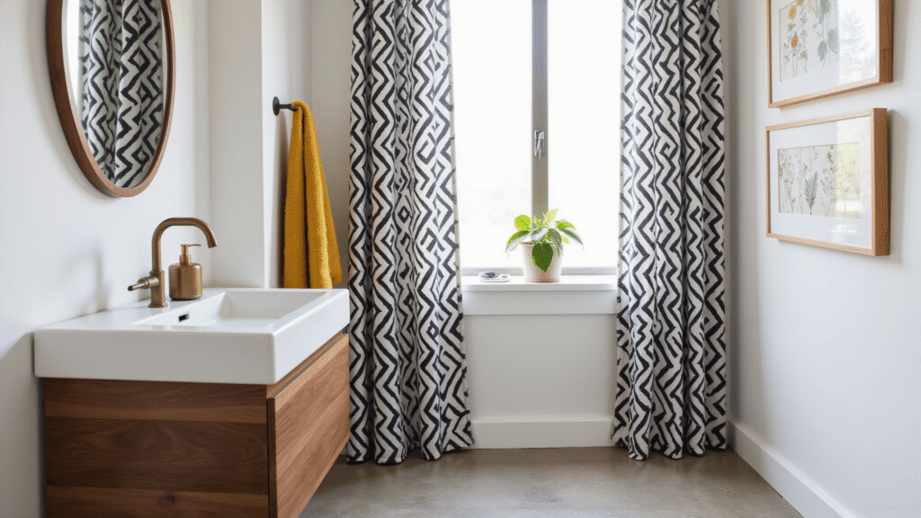 Fun Bathroom Decor That'll Make Your Guests Do a Double-Take Photorealistic powder room with bold black and white geometric striped shower curtain, walnut floating vanity, brass soap dispenser, mustard yellow rolled towel, small pothos plant on windowsill, vintage botanical prints on white walls, polished concrete floors, and mid-morning natural light through a frosted glass window.