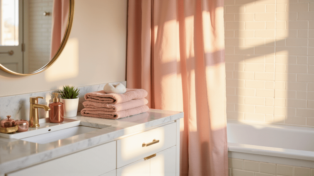 Pink Bathroom Decor: Transform Your Space in an Afternoon (Even If You're Renting) Luxurious modern bathroom with white marble vanity, blush pink towels, rose-gold accessories, soft peachy-pink shower curtain, and green plant, all bathed in warm golden hour light.