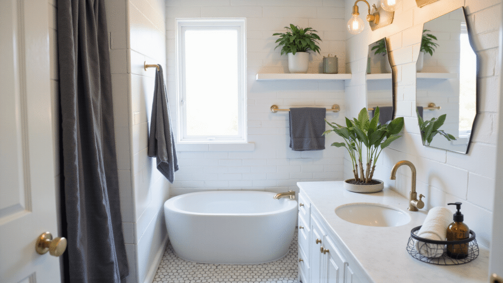 Cool Bathroom Decor: How I Transformed My Tiny Space Into a Pinterest-Perfect Spa Oasis A modern spa-inspired bathroom featuring white subway tile walls, a charcoal shower curtain, brass fixtures, and green pothos plants, with warm lighting and hexagon floor tiles, evoking a serene ambiance.